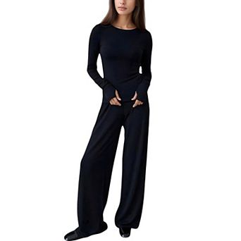 Women's Long Sleeve Woven Pajama Set with Fitted Crew Neck Top and Wide Leg Pants