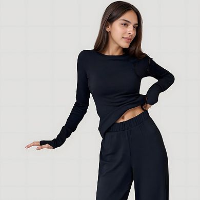 Women's Long Sleeve Woven Pajama Set with Fitted Crew Neck Top and Wide Leg Pants