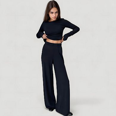 Women's Long Sleeve Woven Pajama Set with Fitted Crew Neck Top and Wide Leg Pants