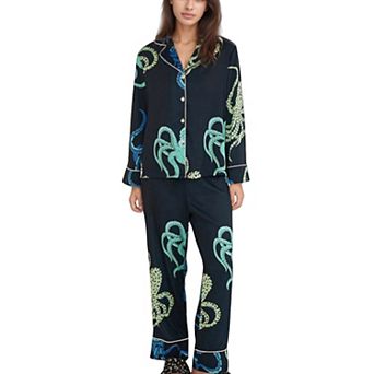 Women's Octopus Print Pajama Set with Button Front Long Sleeve Top and Relaxed Fit Wide Leg Pants