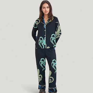 Women's Octopus Print Pajama Set with Button Front Long Sleeve Top and Relaxed Fit Wide Leg Pants