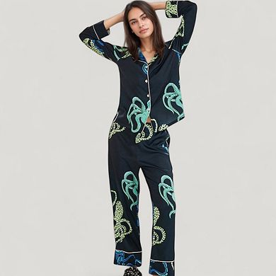 Women's Octopus Print Pajama Set with Button Front Long Sleeve Top and Relaxed Fit Wide Leg Pants