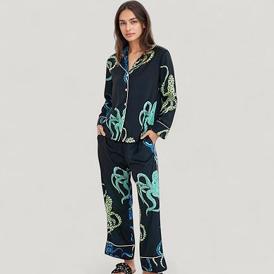 Women's Octopus Print Pajama Set with Button Front Long Sleeve Top and Relaxed Fit Wide Leg Pants