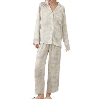 Women's Satin Floral Pajama Set with Button-Up Long Sleeve Top and Relaxed Fit Pants