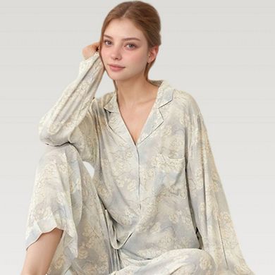Women's Satin Floral Pajama Set with Button-Up Long Sleeve Top and Relaxed Fit Pants