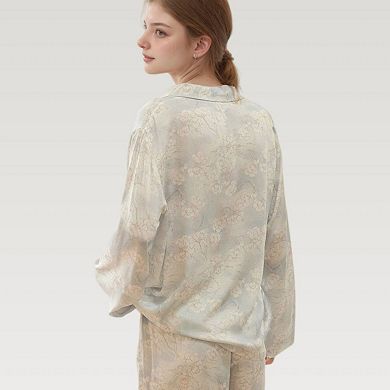Women's Satin Floral Pajama Set with Button-Up Long Sleeve Top and Relaxed Fit Pants