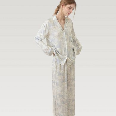 Women's Satin Floral Pajama Set with Button-Up Long Sleeve Top and Relaxed Fit Pants
