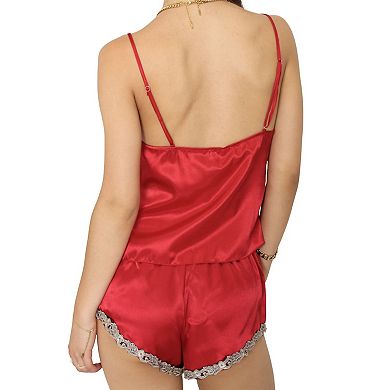 Women's Satin Pajama Set with Embroidered Lace Trim Cami Top and Elastic Waist Shorts