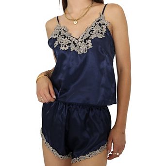 Women's Satin Pajama Set with Embroidered Lace Trim Cami Top and Elastic Waist Shorts