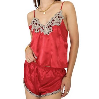 Women's Satin Pajama Set with Embroidered Lace Trim Cami Top and Elastic Waist Shorts