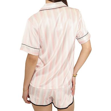 Women's Polka Dot Satin Pajama Set with Short Sleeve Button Top and Drawstring Shorts
