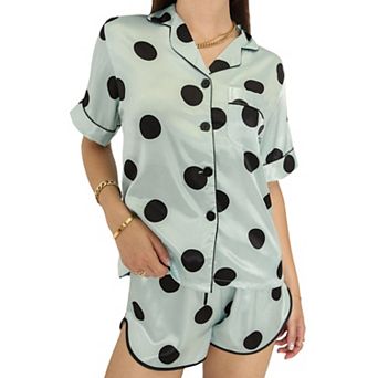 Women's Polka Dot Satin Pajama Set with Short Sleeve Button Top and Drawstring Shorts