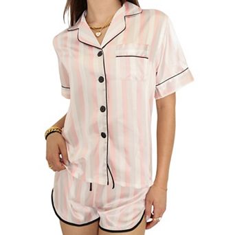 Women's Polka Dot Satin Pajama Set with Short Sleeve Button Top and Drawstring Shorts
