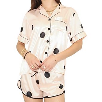 Women's Polka Dot Satin Pajama Set with Short Sleeve Button Top and Drawstring Shorts