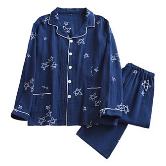 Women's Long Sleeve Button-Up Pajama Set with Notched Collar and Star Print Design