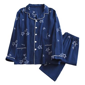 Women's Long Sleeve Button-Up Pajama Set with Notched Collar and Star Print Design