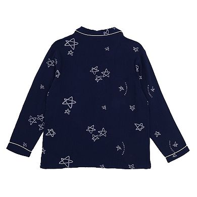 Women's Long Sleeve Button-Up Pajama Set with Notched Collar and Star Print Design