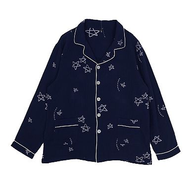 Women's Long Sleeve Button-Up Pajama Set with Notched Collar and Star Print Design