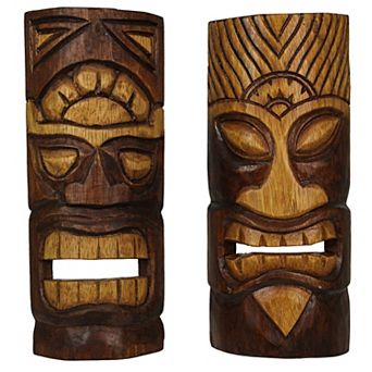 12 Inch Natural Wood Hand Carved Tiki Mask Wall Art Tropical Beach Home Set of 2