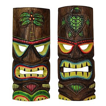 12 Inch Wood Hand Carved Tiki Mask Wall Art Palm Tree, Turtle Tropical Set of 2