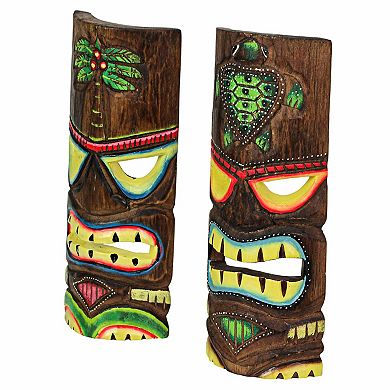 12 Inch Wood Hand Carved Tiki Mask Wall Art Palm Tree, Turtle Tropical Set of 2
