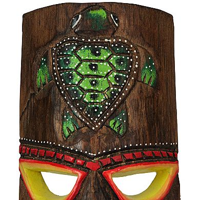 12 Inch Wood Hand Carved Tiki Mask Wall Art Palm Tree, Turtle Tropical Set of 2