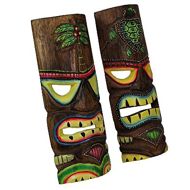 12 Inch Wood Hand Carved Tiki Mask Wall Art Palm Tree, Turtle Tropical Set of 2