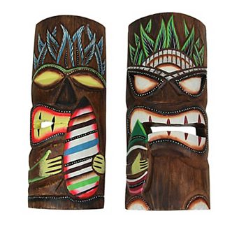 12 Inch Hand Carved Wooden Surfer Tiki Masks Wall Hanging Beach Home Decor Set