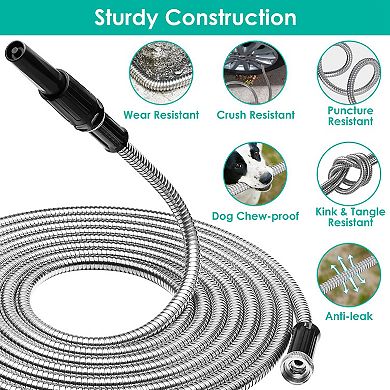 25/50/100FT Heavy Duty Stainless Steel Garden Hose Kit with 2 Nozzles, 12 Patterns