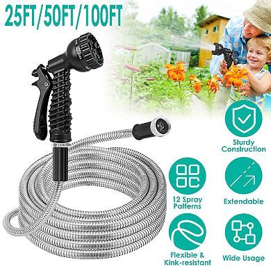 25/50/100FT Heavy Duty Stainless Steel Garden Hose Kit with 2 Nozzles, 12 Patterns