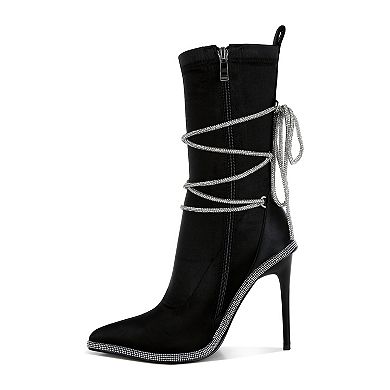 London Rag Dacia Women's Satin Rhinestones Strap Calf Boots