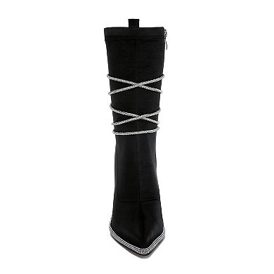 London Rag Dacia Women's Satin Rhinestones Strap Calf Boots