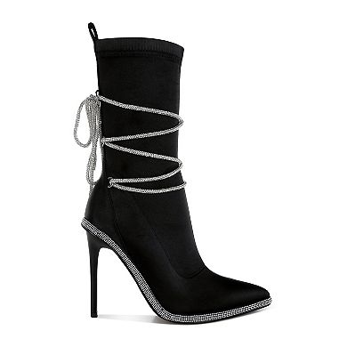 London Rag Dacia Women's Satin Rhinestones Strap Calf Boots