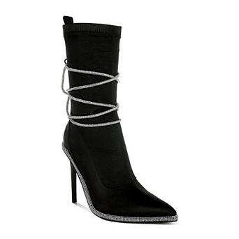 London Rag Dacia Women's Satin Rhinestones Strap Calf Boots
