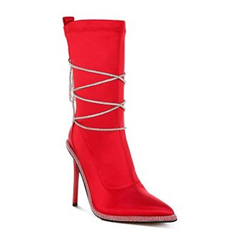 London Rag Dacia Women's Satin Rhinestones Strap Calf Boots