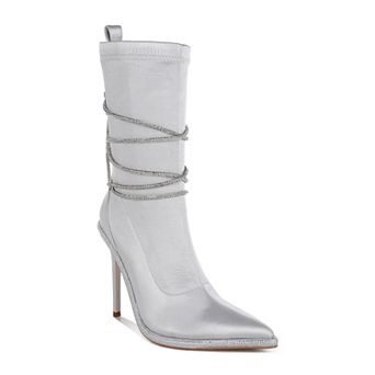 London Rag Dacia Women's Satin Rhinestones Strap Calf Boots
