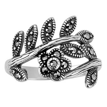 Sunkissed Sterling Sterling Silver Oxidized Cubic Zirconia Flower & Leaf Ring