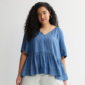 Plus Size Farmers Market Soft Denim V-Neck Top