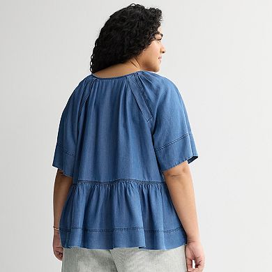 Plus Size Farmers Market Soft Denim V-Neck Top