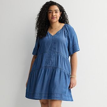 Plus Size Farmers Market V-Neck Chambray Dress & Tiered Design