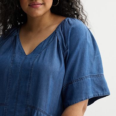 Plus Size Farmers Market V-Neck Chambray Tiered Dress