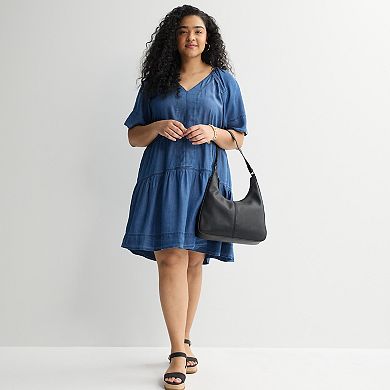 Plus Size Farmers Market V-Neck Chambray Tiered Dress