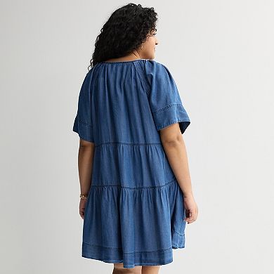 Plus Size Farmers Market V-Neck Chambray Tiered Dress