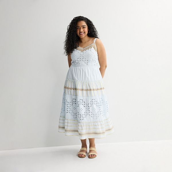 Plus Size Farmers Market Tiered Slip Dress with Crochet Detail