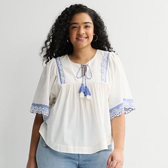 Plus Size Farmers Market Tie Front Blouse with Embroidered Sleeves