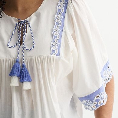 Plus Size Farmers Market Tie Front Blouse with Embroidered Sleeves