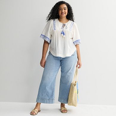 Plus Size Farmers Market Tie Front Blouse with Embroidered Sleeves