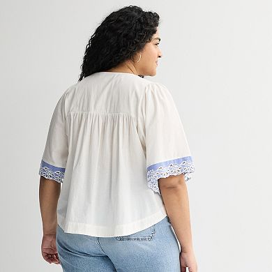 Plus Size Farmers Market Tie Front Blouse with Embroidered Sleeves