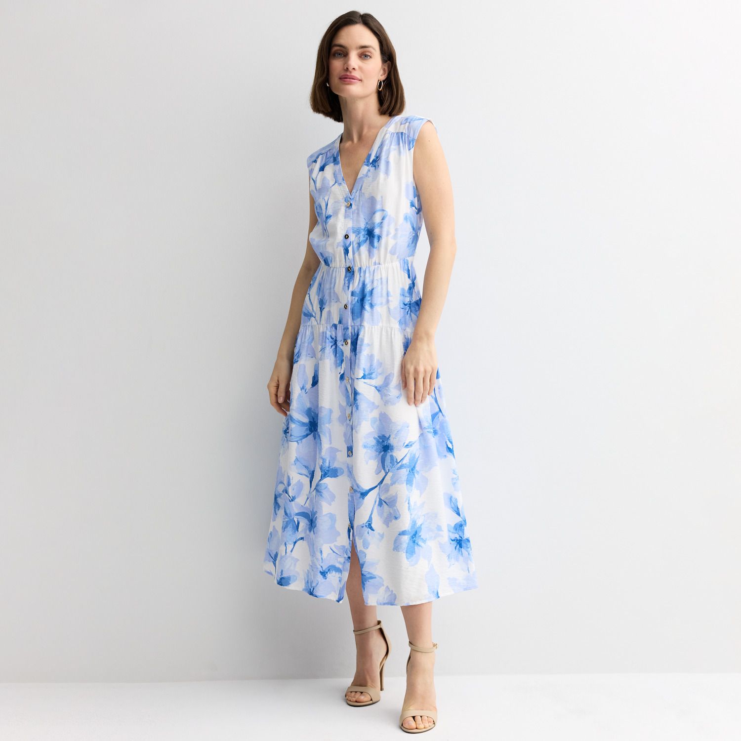 Женские платья Petite Nine West Button Front Midi, цвет: Синий с принтом — фото 1