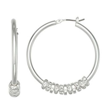Nine West Silver Tone Hoop Clip-On Earrings with Simulated Crystal Accents